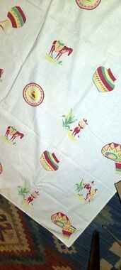 1940s -1950s Mexico, White Tablecloth stamped in Colorful Mexican Culture Motifs